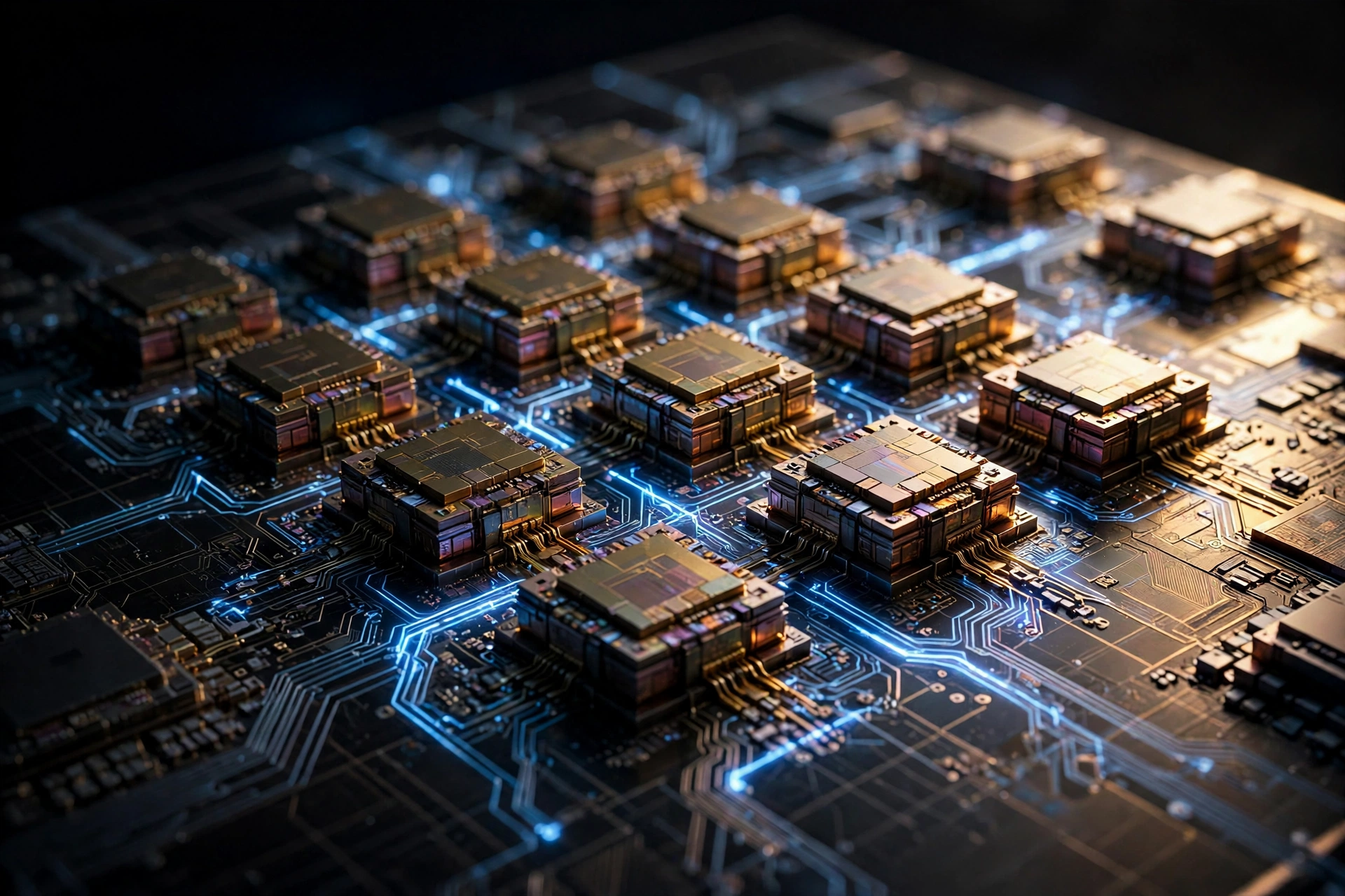 Close-up of a futuristic AI processor with modular chiplet components on a silicon wafer
