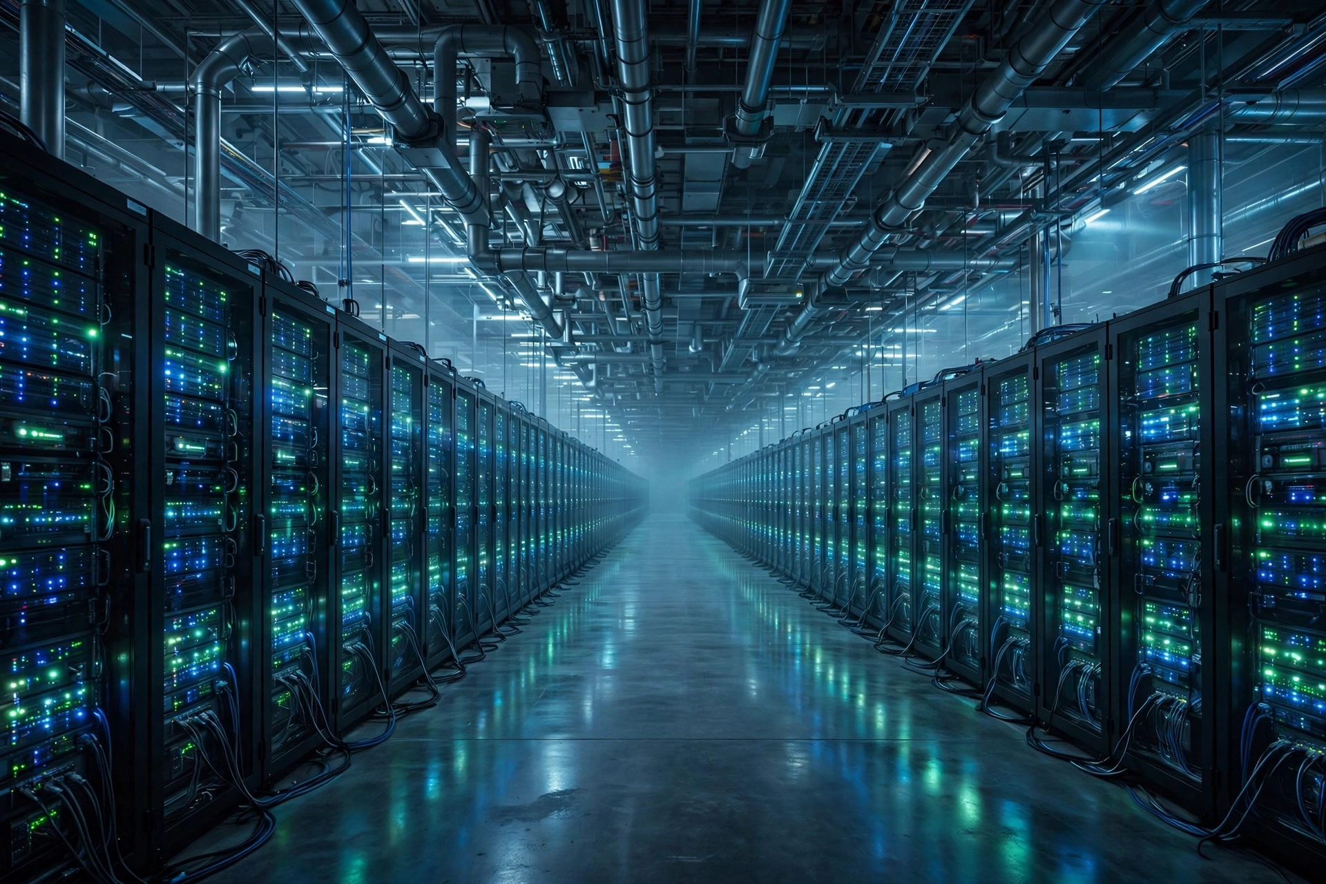 Rows of illuminated server racks inside a massive AI data center facility
