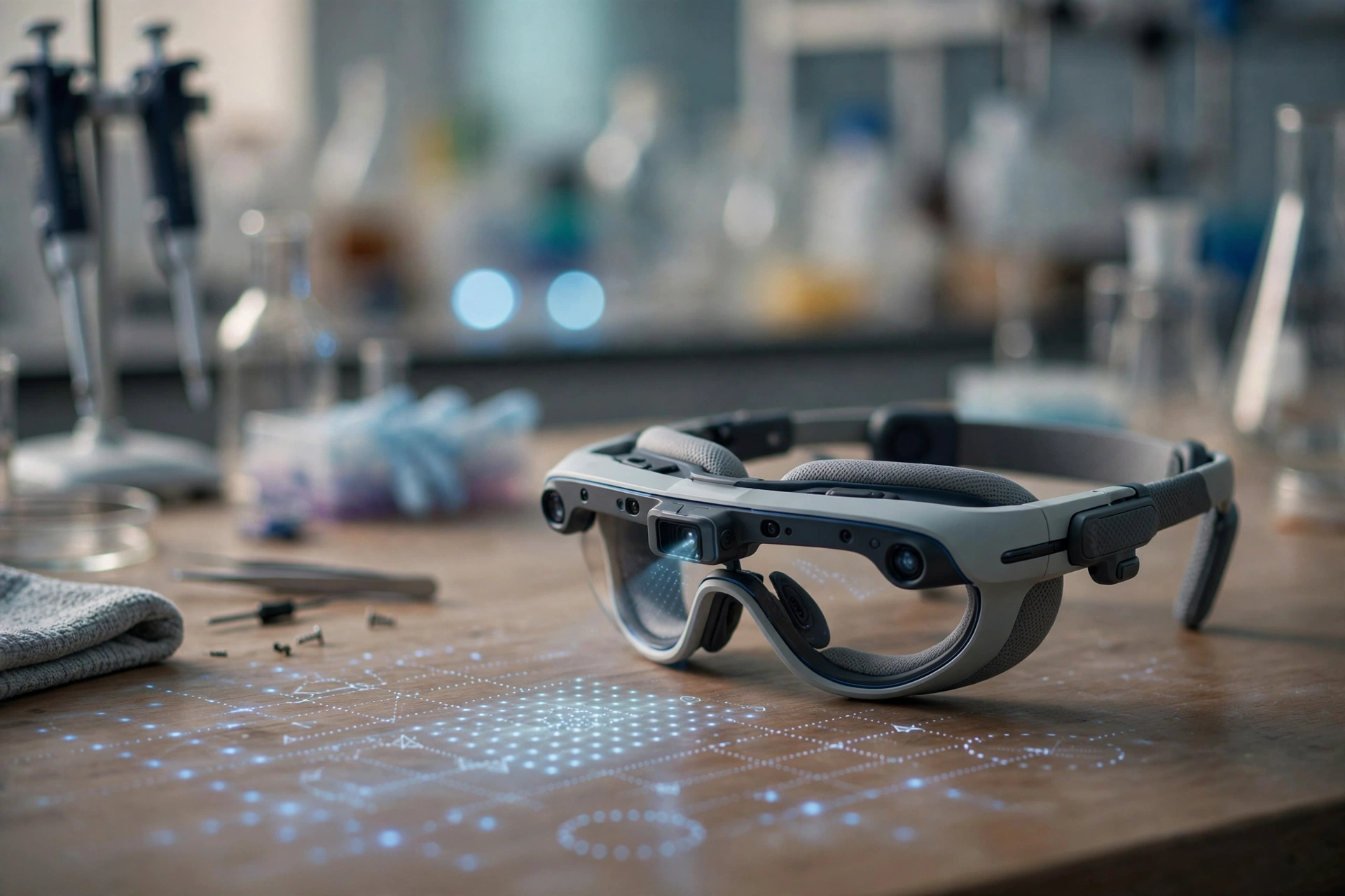 Concept illustration of special goggles converting images into light patterns to restore partial vision for blind people