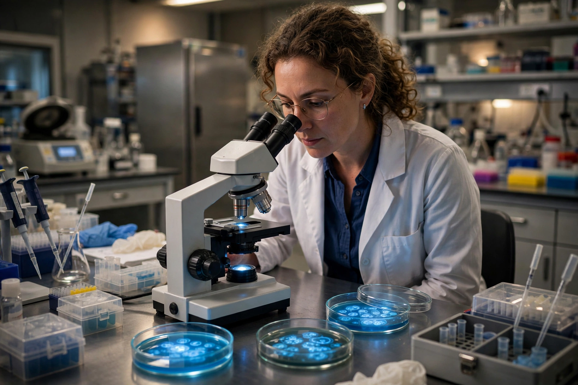 Research scientist studying retinal cells in a laboratory as part of optogenetics vision restoration research