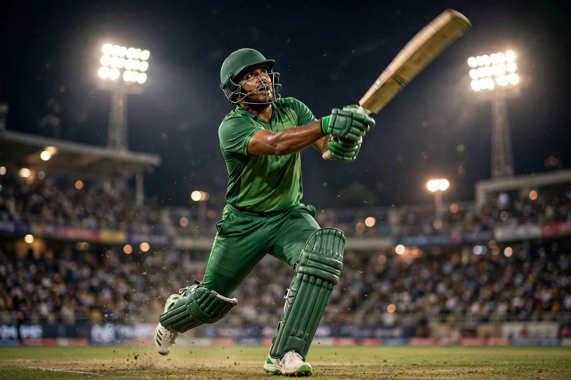 T20 batsman in green kit playing an attacking shot under floodlights during a night match