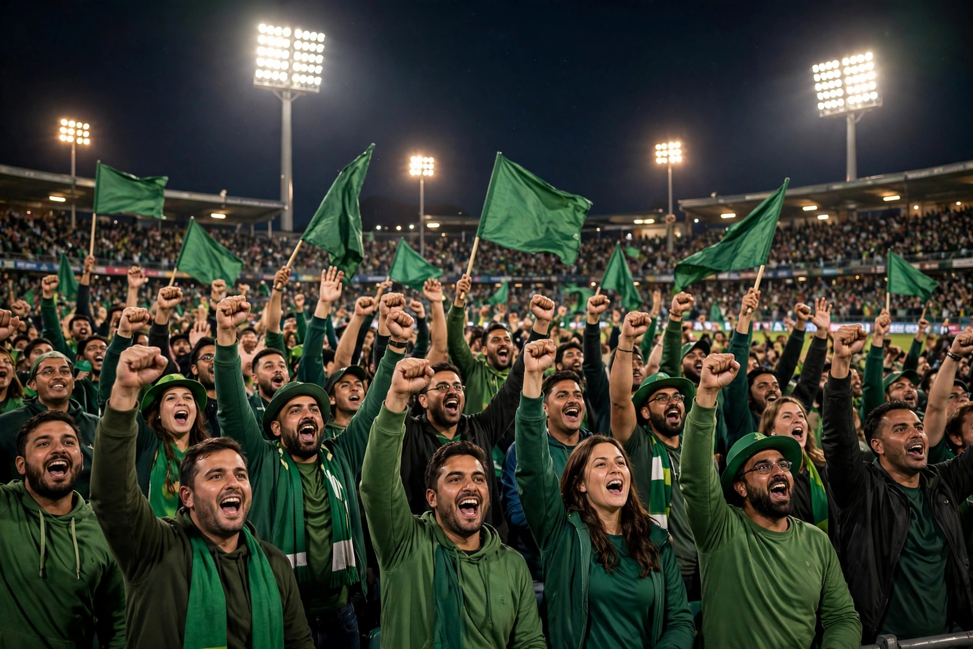 Cricket fans waving green flags and cheering in a packed stadium at night