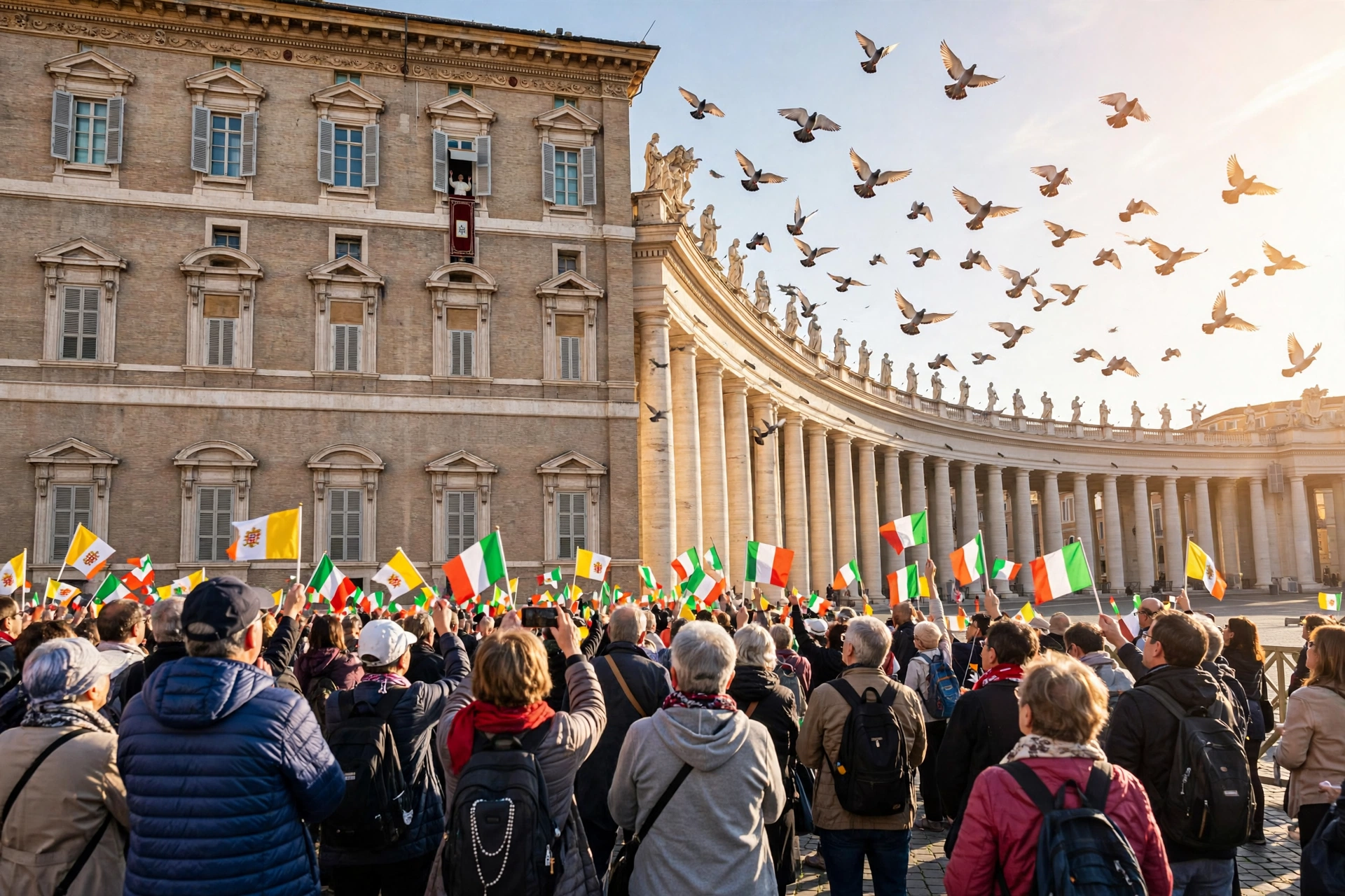 Pilgrims waving flags below the Apostolic Palace window during the Sunday Angelus blessing at the Vatican