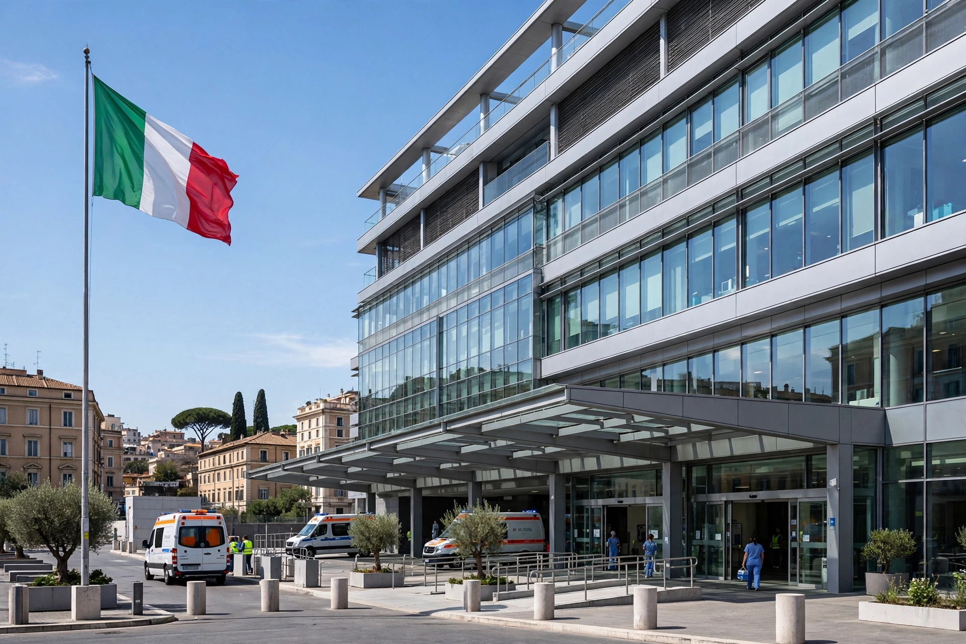 Exterior of Rome's Gemelli hospital with ambulances at the entrance under a clear blue sky
