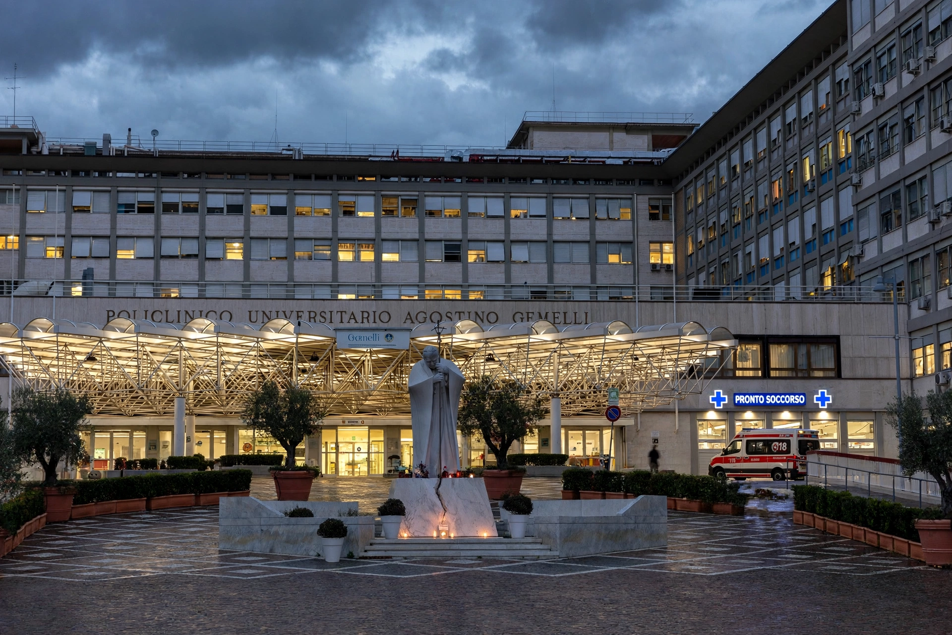 Gemelli Hospital in Rome at dusk, where Pope Leo XIV underwent lung surgery