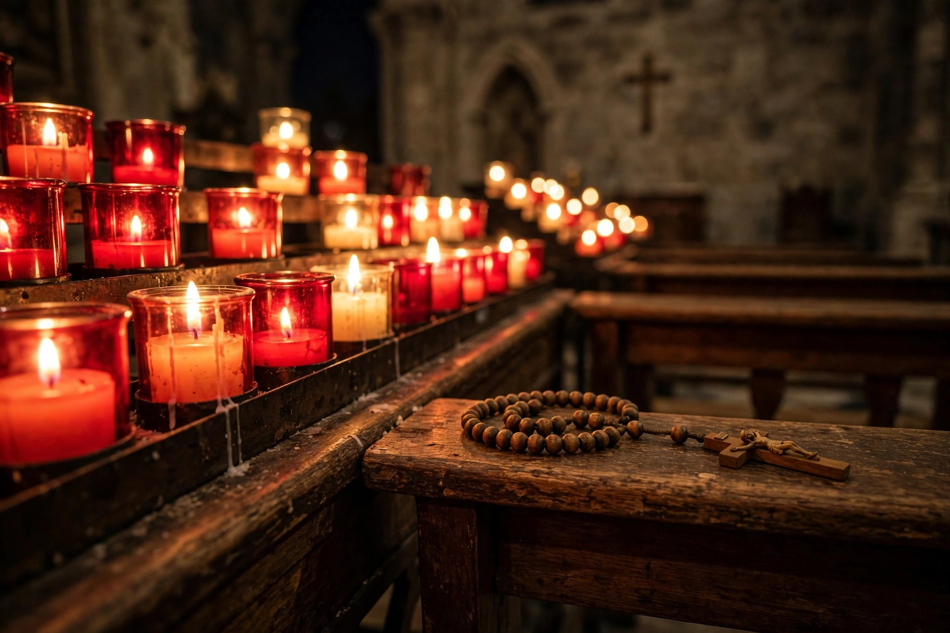 Candles and rosary beads in a church chapel during a prayer vigil