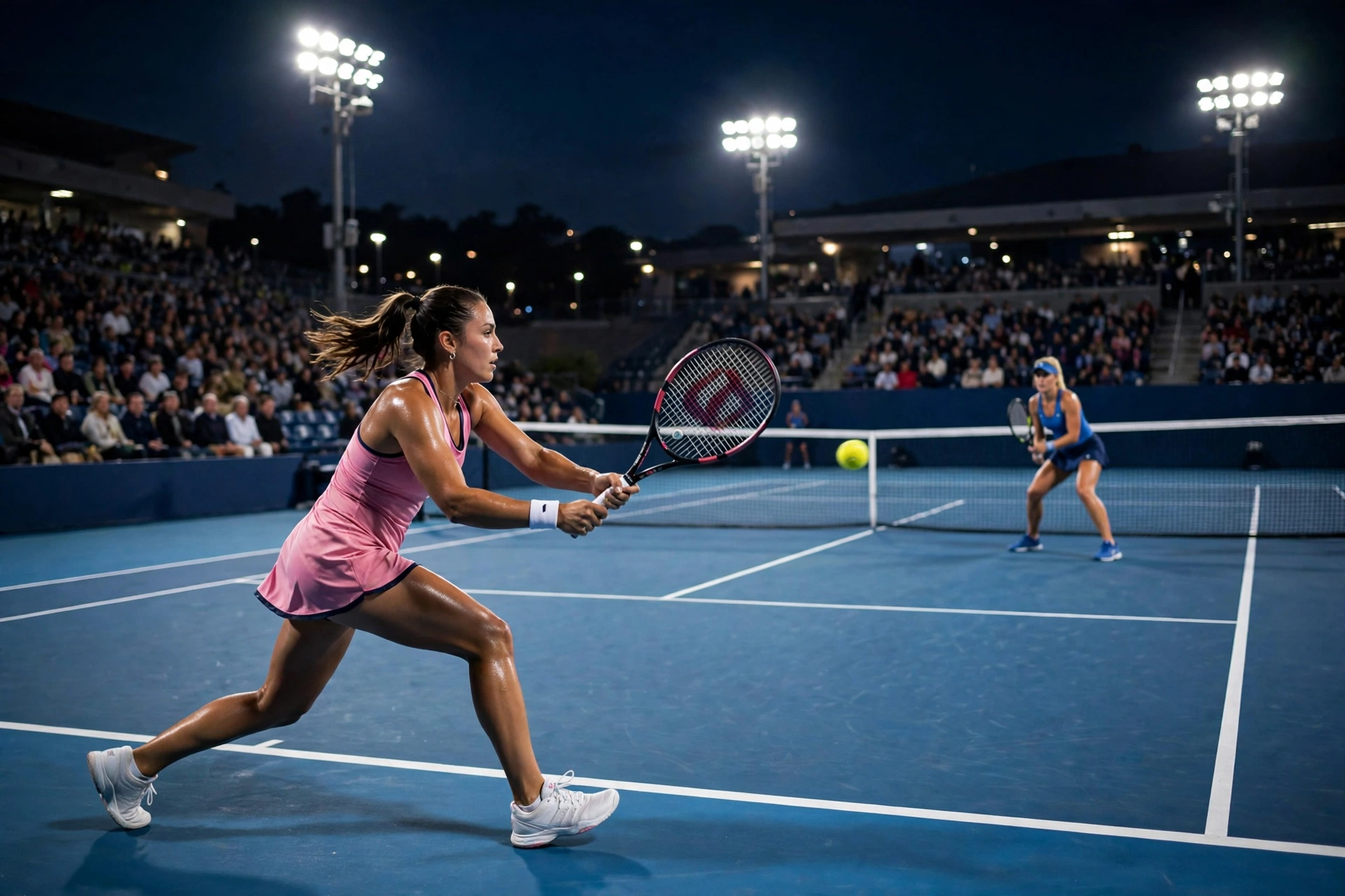 Iga Swiatek striking a forehand during her Wuhan Open match against Magdalena Frech under stadium lights