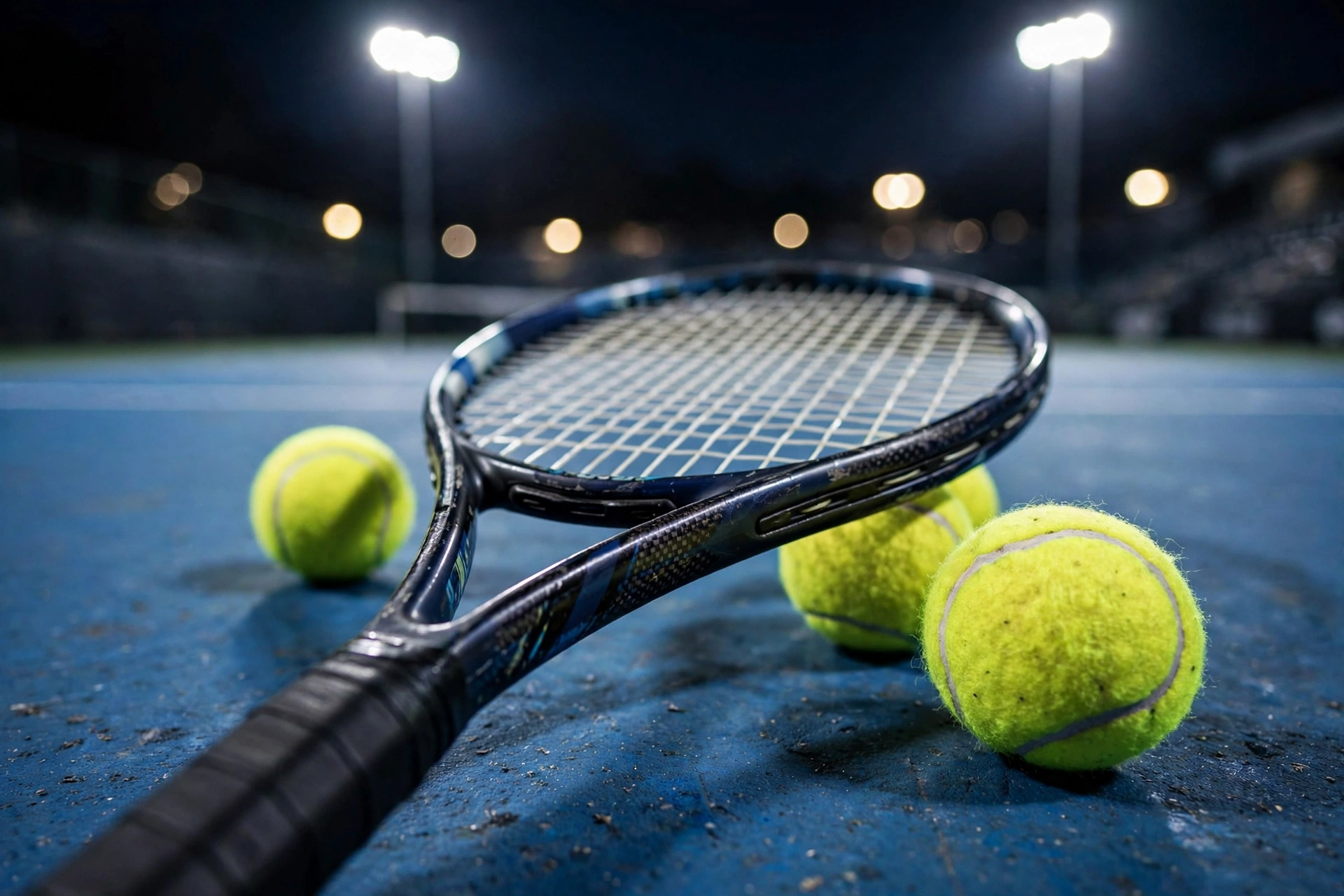 Close-up of a tennis racket and tennis balls on a blue hard court at night under floodlights