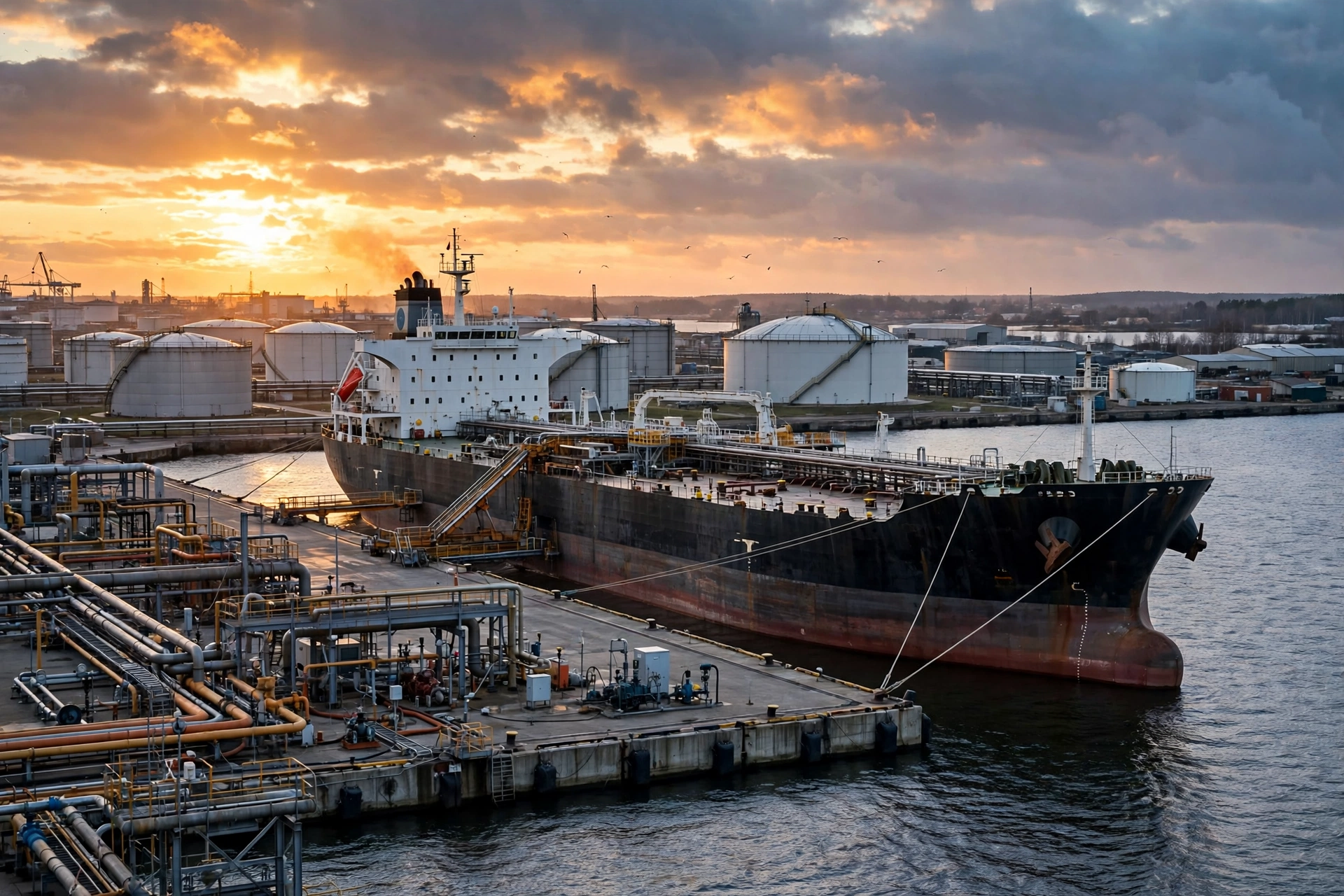 An oil tanker at an industrial fuel terminal at sunset, representing Russian energy exports and the diesel trade